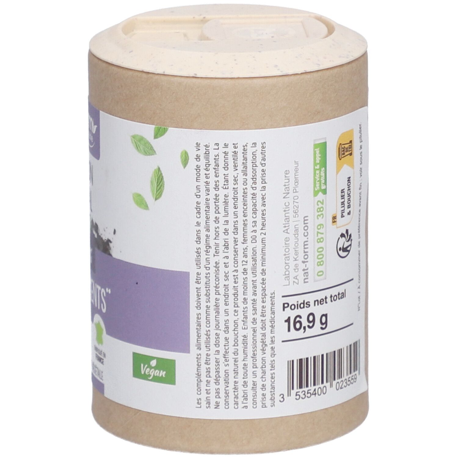Dos de la boîte avec informations produit. Texte: complément alimentaire à base de charbon végétal activé. Poids net 16,9 g. Vegan.