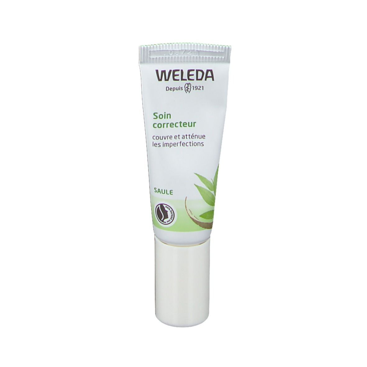 Tube blanc avec impression verte. Inscription: WELEDA, Soin correcteur, Salix. Avec bouchon à vis blanc.