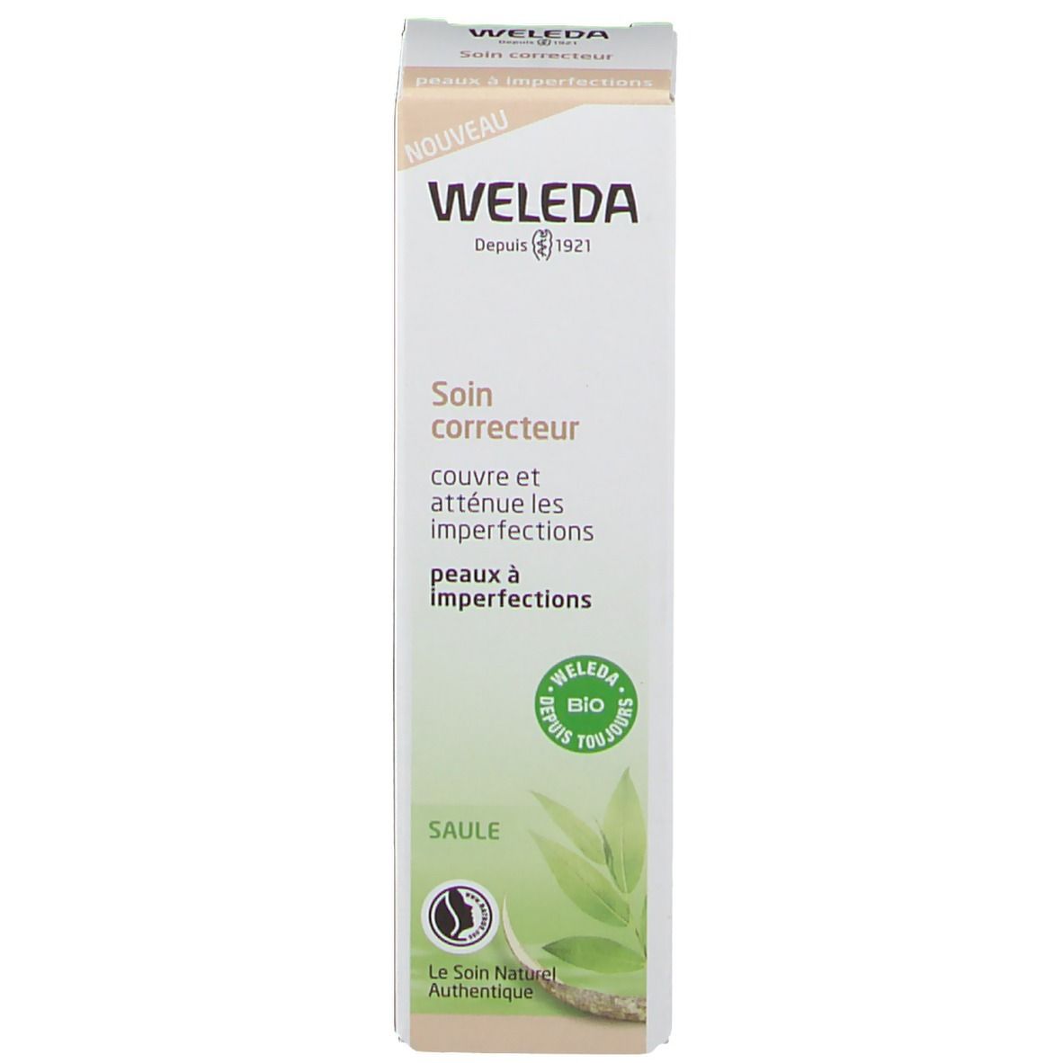 Emballage en carton avec produit. Inscription: WELEDA, Soin correcteur, peaux à imperfections. Avec label bio.