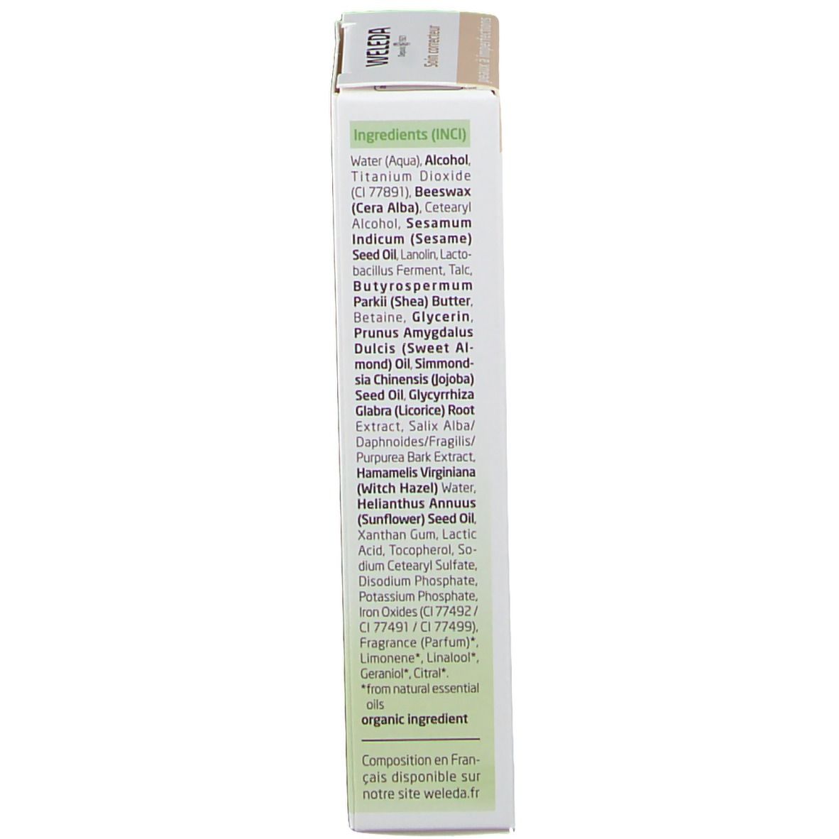Côté de l'emballage en carton. Liste des ingrédients (INCI).