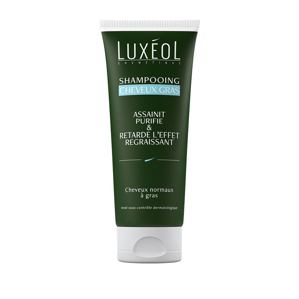 Grüne Tube LUXÉOL Shampoo für fettiges Haar. Text: Shampooing Cheveux Gras. Reinigt, klärt und verzögert das Nachfetten. Für normales bis fettiges Haar.