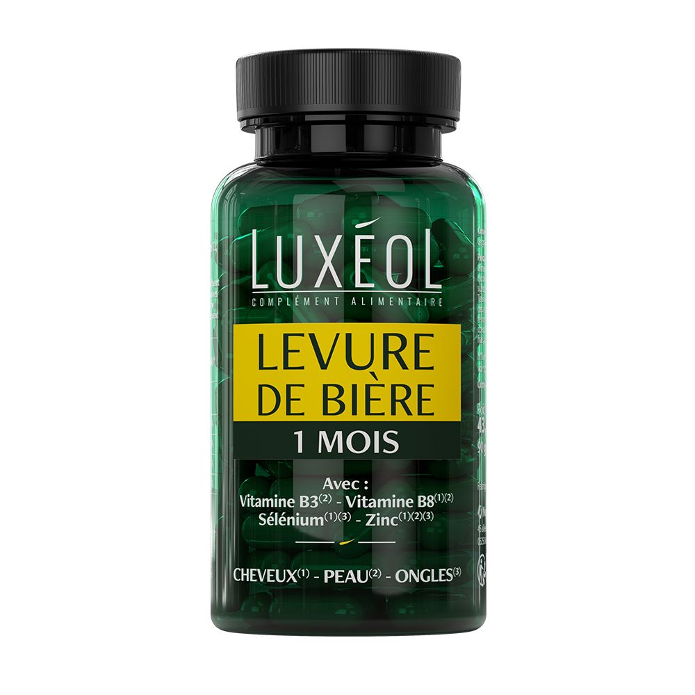Flacon vert de gélules LUXÉOL. Inscription: Levure de Bière, 1 mois. Contient vitamines et minéraux.