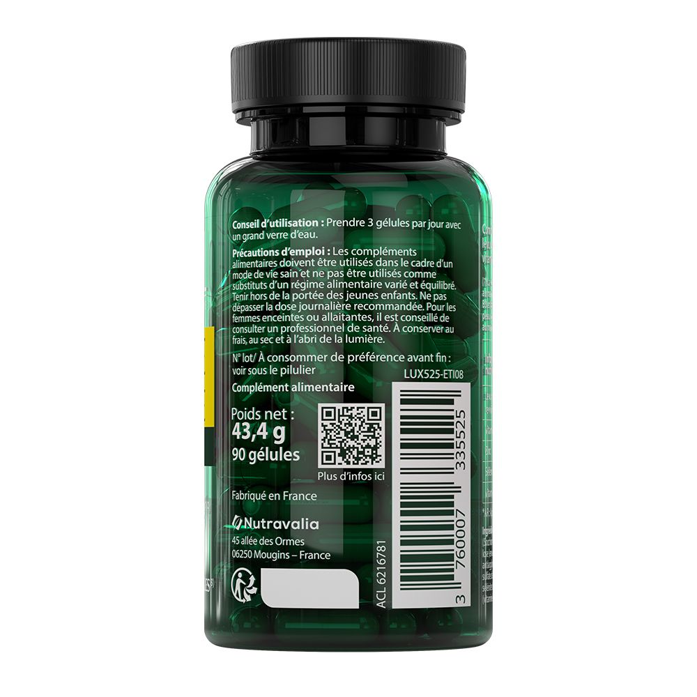 Dos du flacon vert de gélules LUXÉOL. Texte: conseils d'utilisation, ingrédients, poids, fabricant.