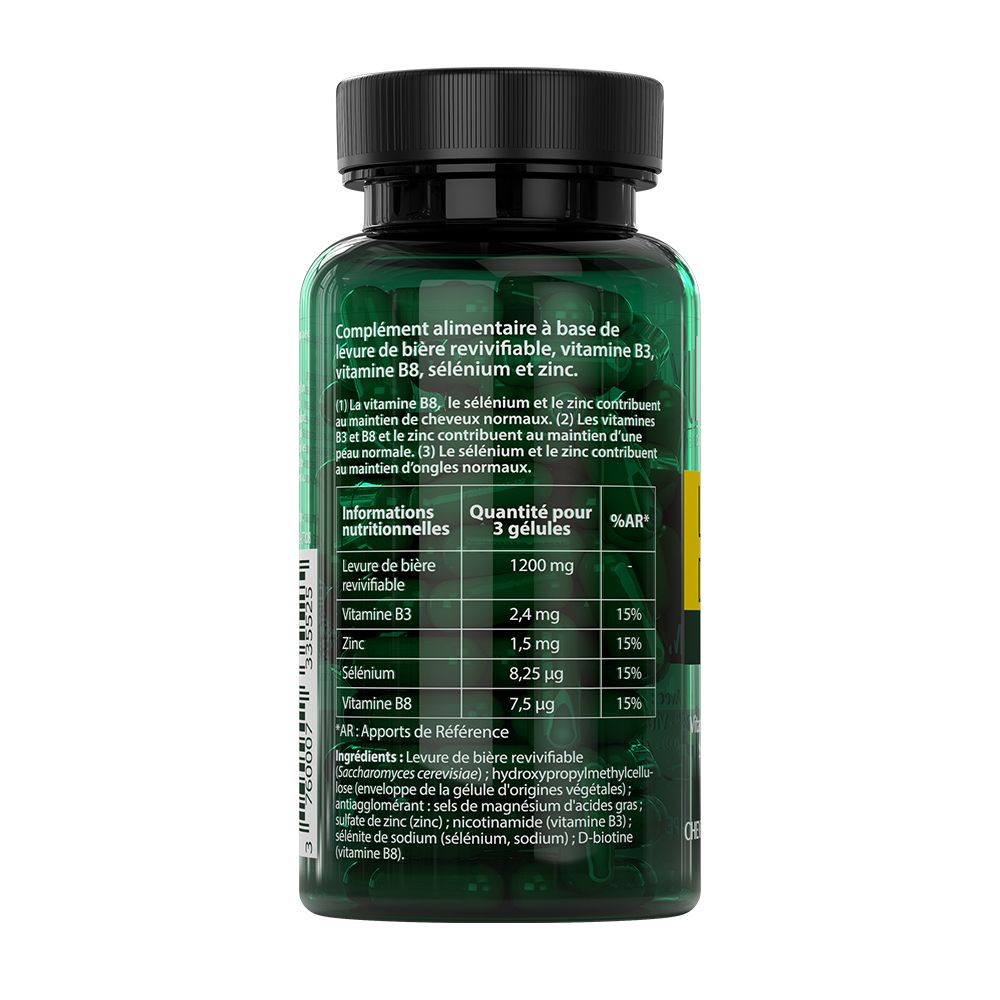 Dos du flacon vert de gélules LUXÉOL. Informations nutritionnelles: Levure de bière, Vitamine B3, Zinc, Sélénium, B8.