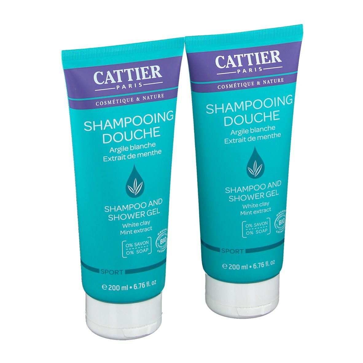 Zwei Duschgel-Tuben. Türkis, weiß und lila. Aufschrift: CATTIER, SHAMPOOING DOUCHE, Argile blanche, Extrait de menthe. Bio-Siegel.