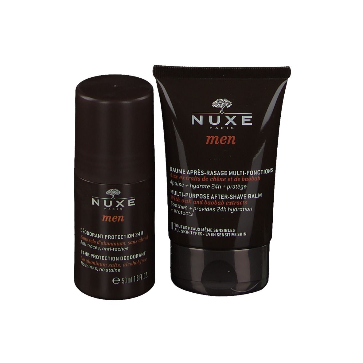 Deodorant und After-Shave Balsam. Braune Flaschen und Tube. Marke: Nuxe Men. Text: 24H Schutz, ohne Alkohol, ohne Flecken.