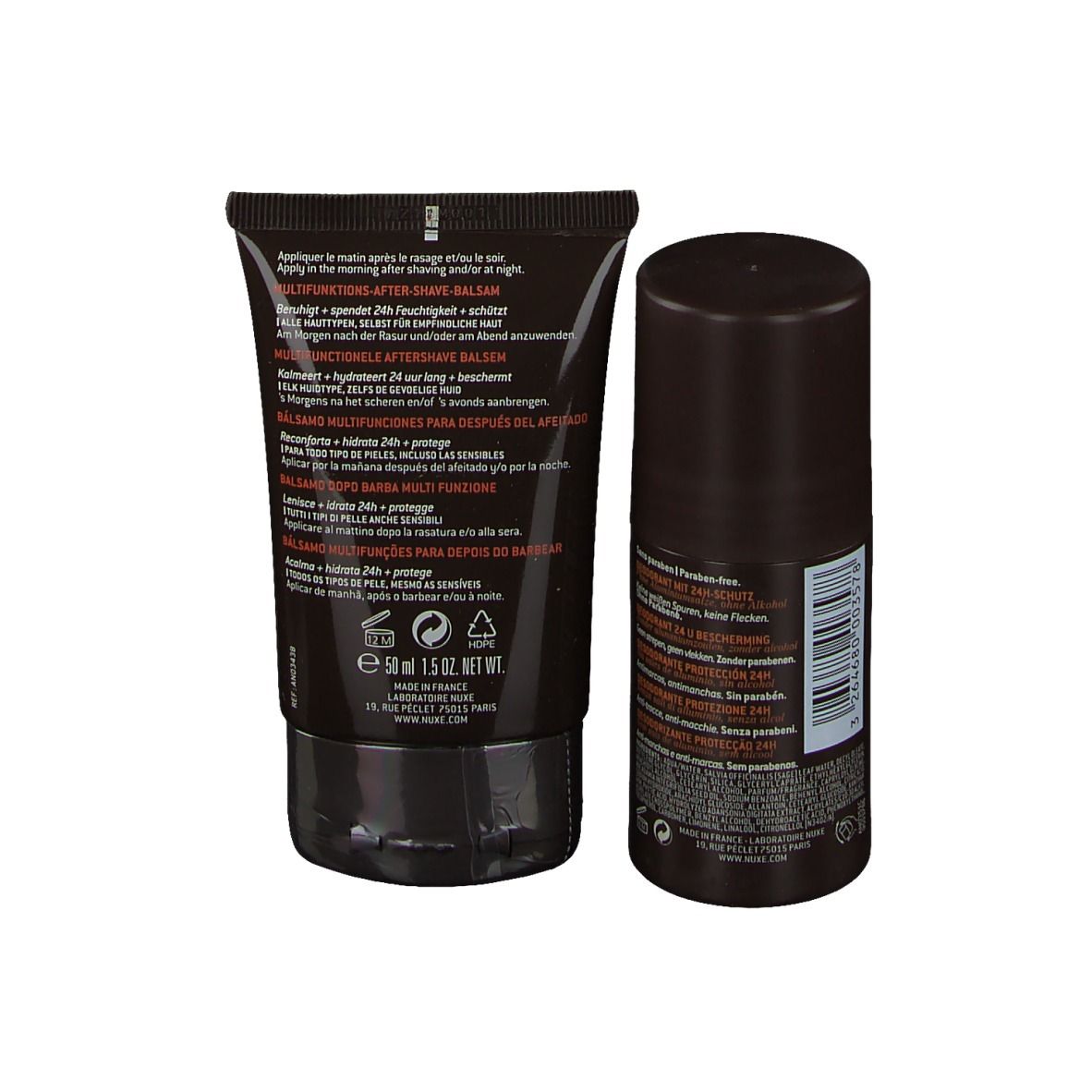 Rückseite von Deodorant und After-Shave Balsam. Braune Flaschen und Tube. Text in mehreren Sprachen.