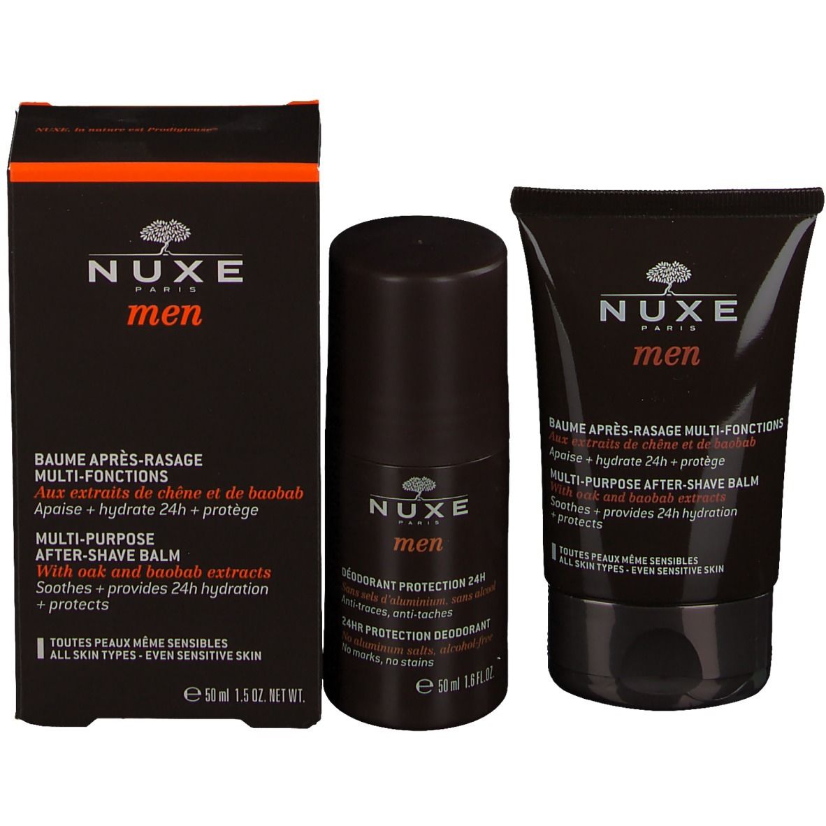 Verpackung mit Deodorant und After-Shave Balsam. Marke: Nuxe Men. Text: Multi-Funktionen, 24H Schutz, alle Hauttypen.