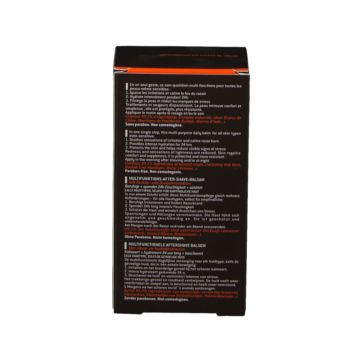 Rückseite der Verpackung. Text in mehreren Sprachen. Inhaltsstoffe und Anwendungshinweise. Schwarze Verpackung.