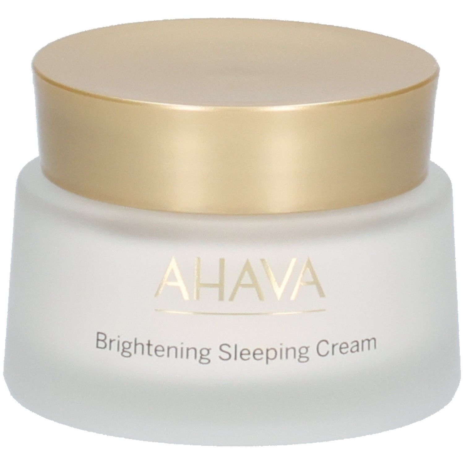 Cremebehälter mit goldenem Deckel. Aufschrift AHAVA und Brightening Sleeping Cream. Weißes, mattiertes Glas.