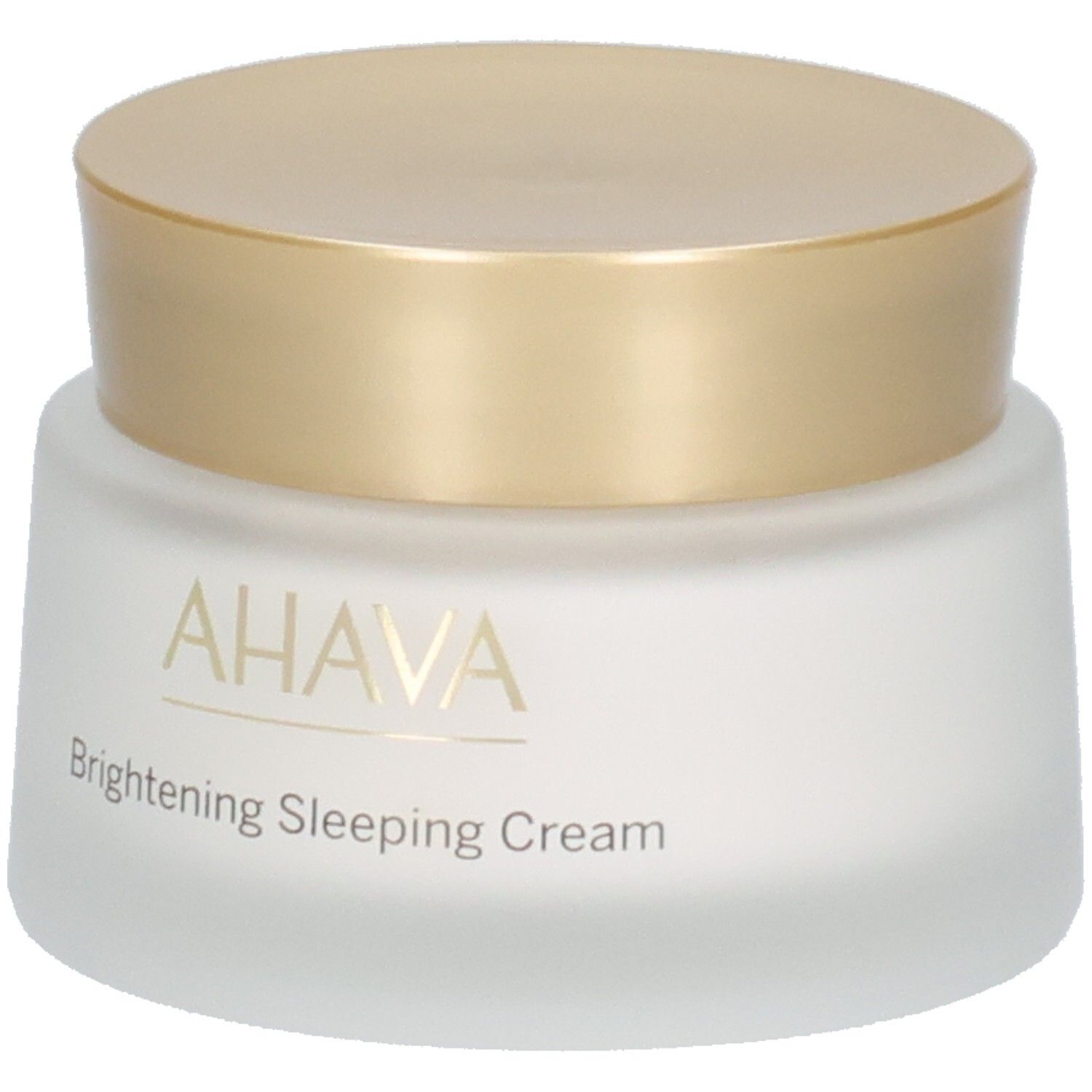 Cremebehälter mit goldenem Deckel. Aufschrift AHAVA und Brightening Sleeping Cream. Weißes, mattiertes Glas.