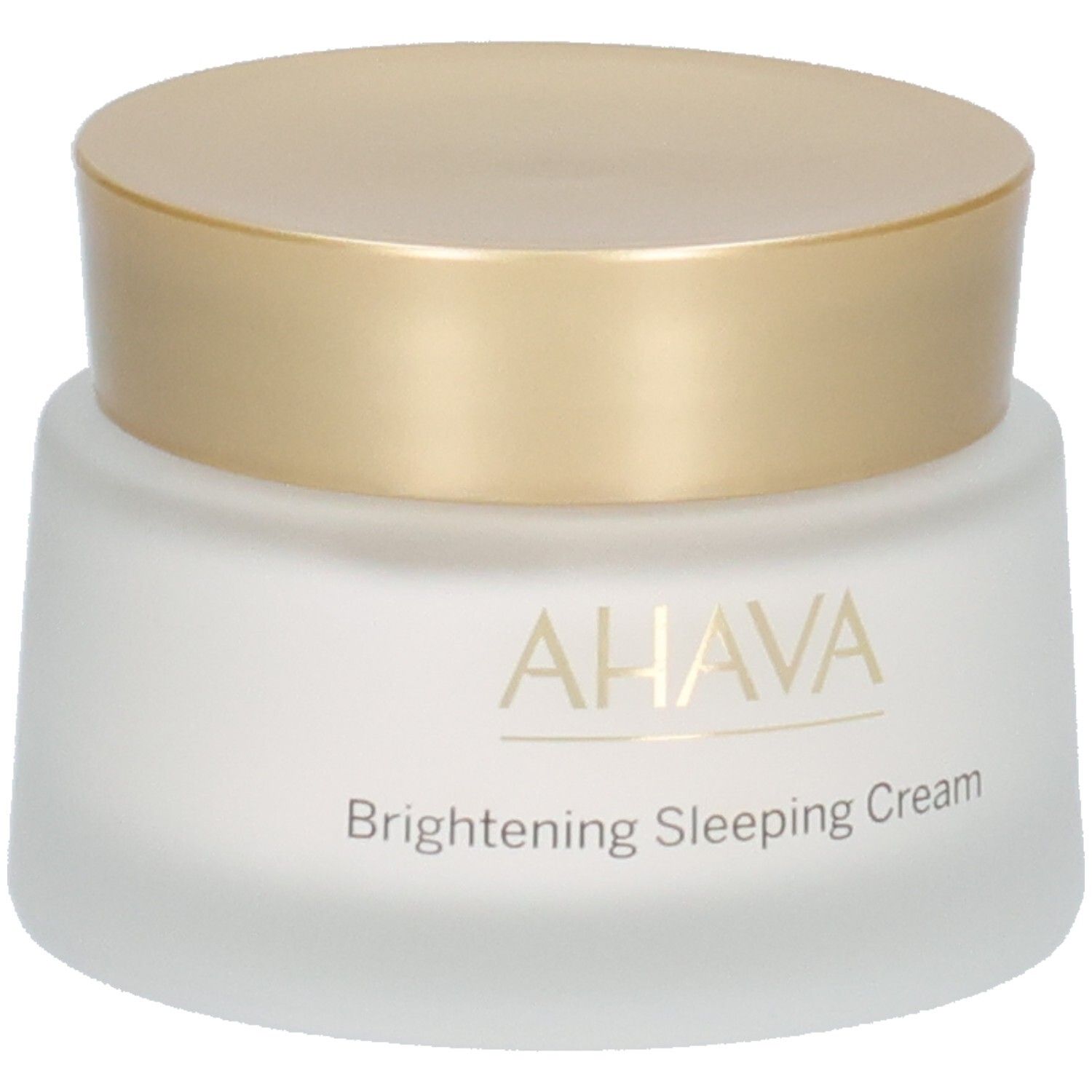 Cremebehälter mit goldenem Deckel. Aufschrift AHAVA und Brightening Sleeping Cream. Weißes, mattiertes Glas.