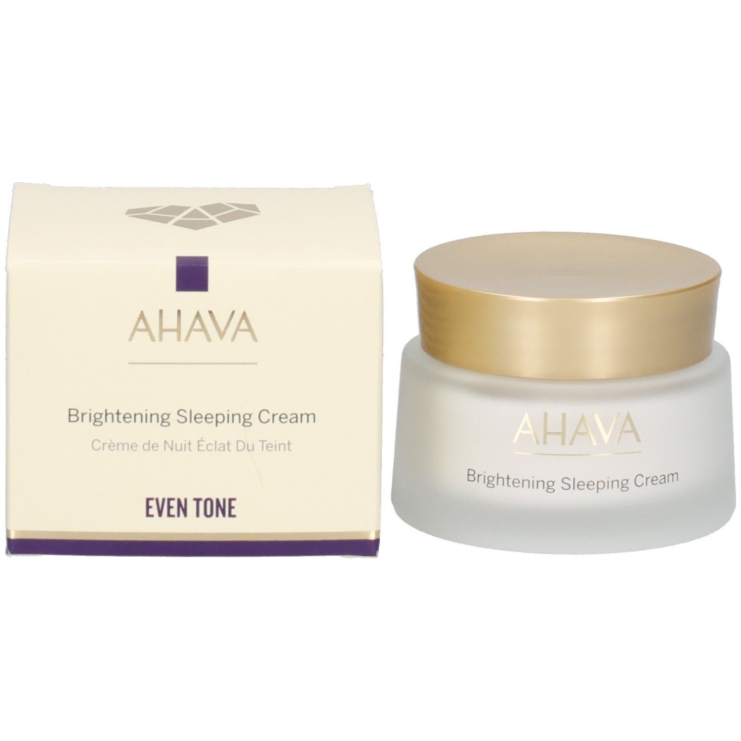 Cremebehälter und Karton. Aufschrift AHAVA, Brightening Sleeping Cream. Weißes, mattiertes Glas.