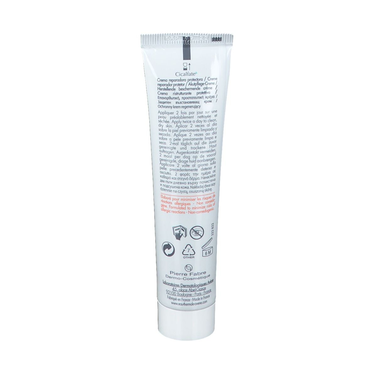 Dos du tube "Avène Cicalfate+". Texte et symboles.