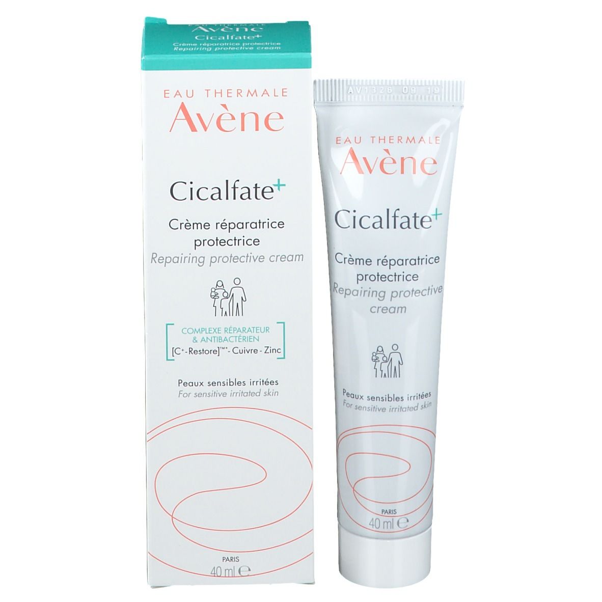 Boîte et tube "Avène Cicalfate+". Texte: "Crème réparatrice protectrice".