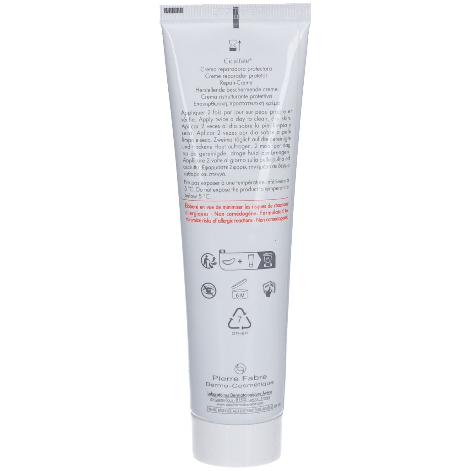 Dos du tube Avene Cicalfate+ crème. Texte et symboles.