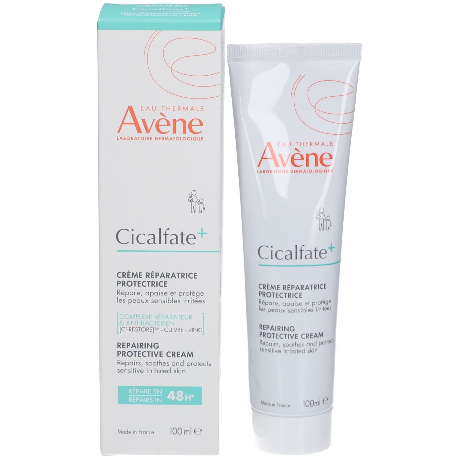 Tube et emballage Avene Cicalfate+ crème. Texte et logo.