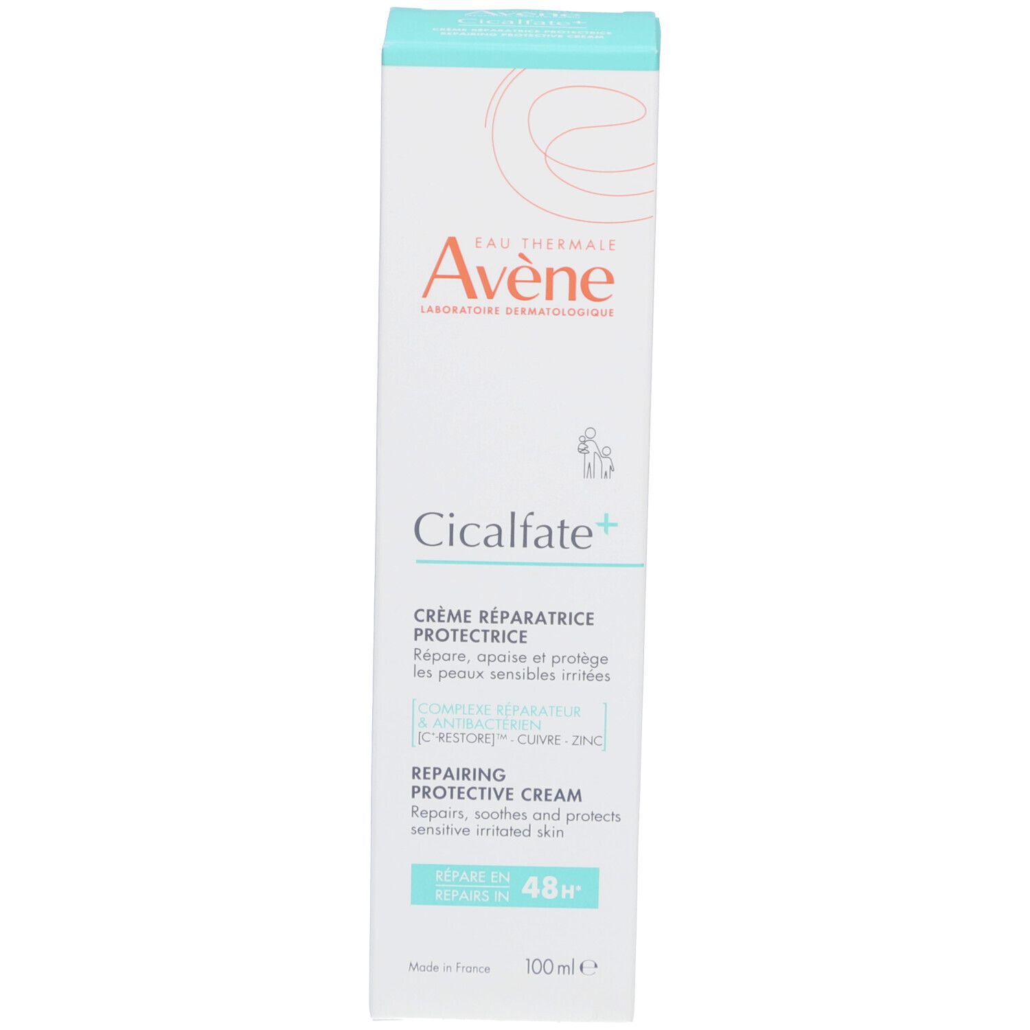 Côté de l'emballage Avene Cicalfate+ crème. Texte: ingrédients, instructions.