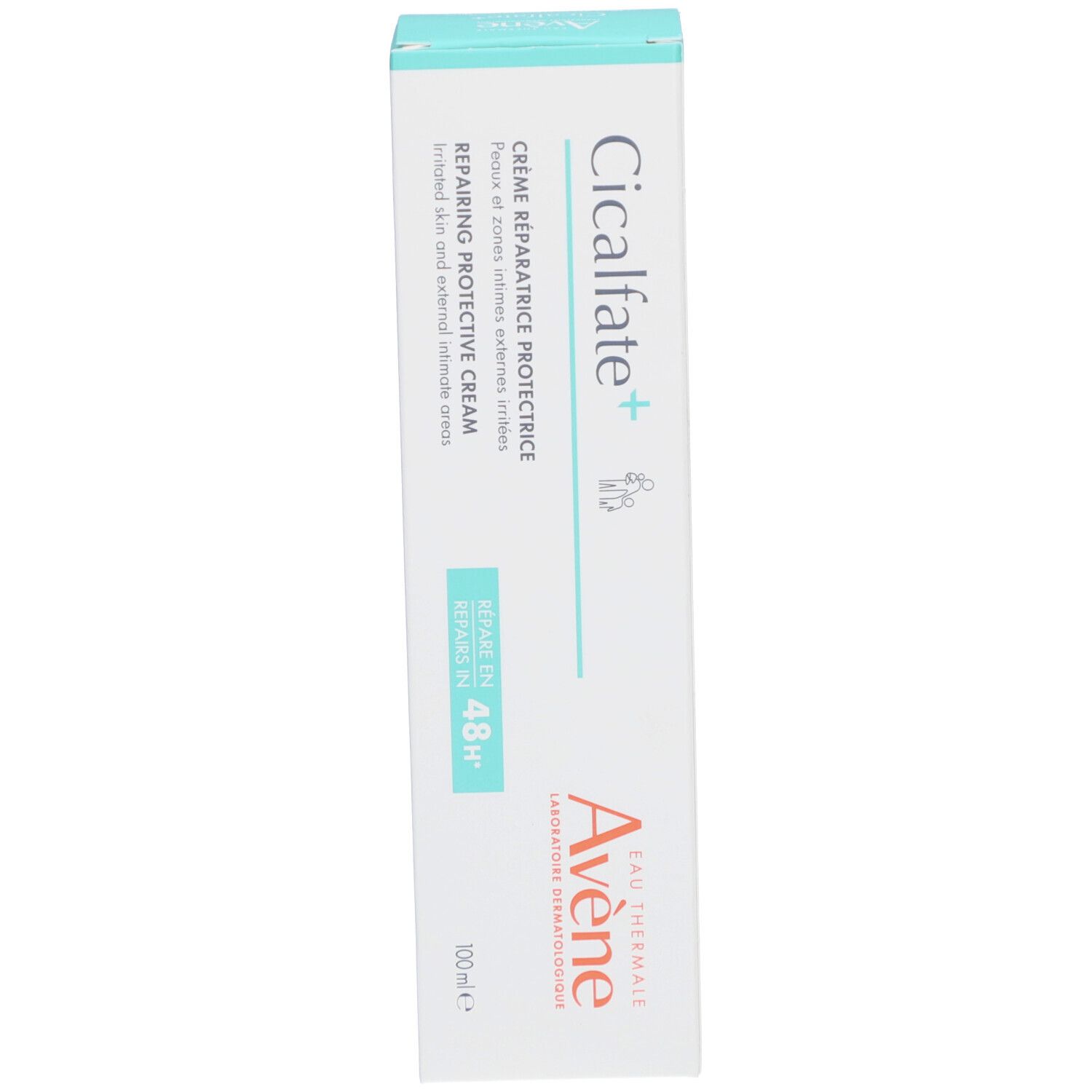 Côté de l'emballage Avene Cicalfate+ crème. Texte: utilisation, instructions.