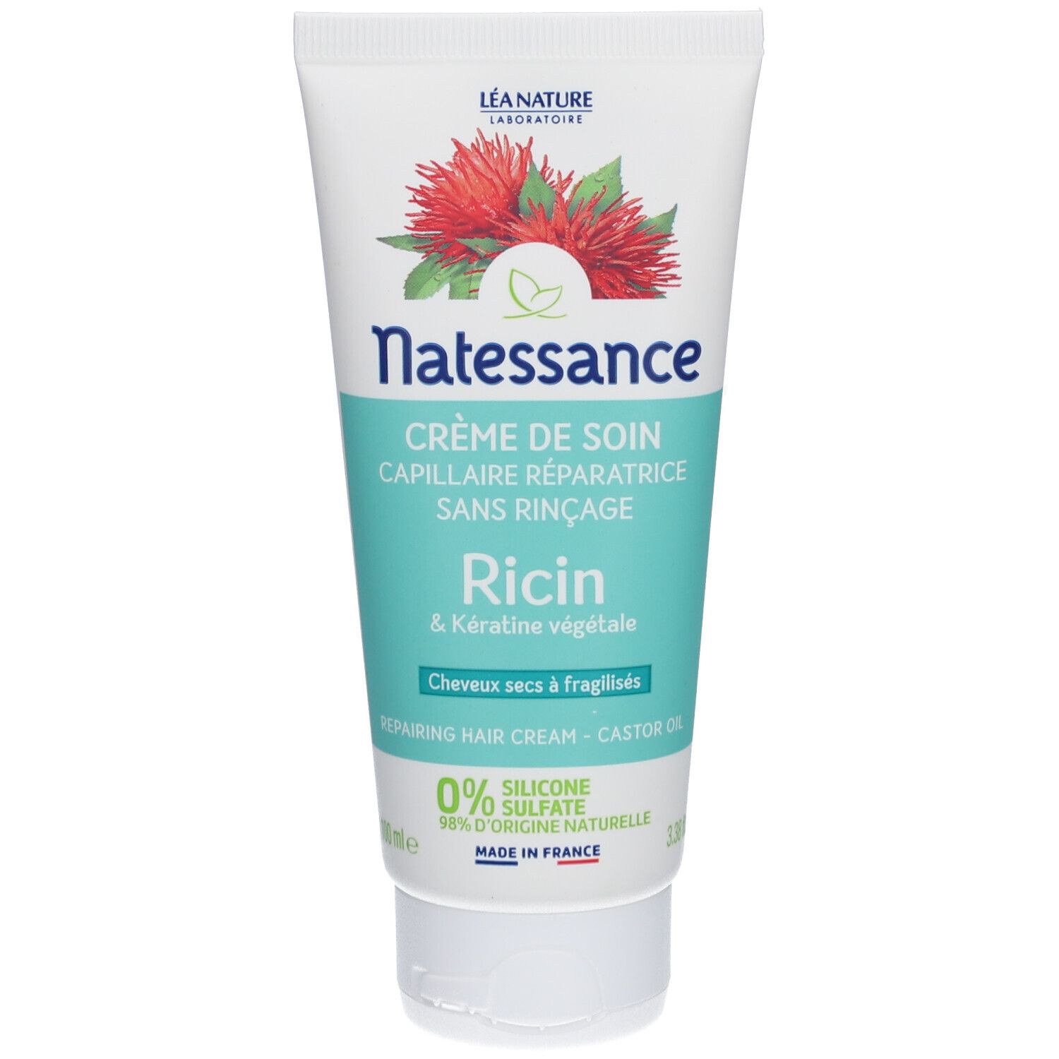 Creme-Tube mit floralem Design. Text: Natessance, Crème de soin, Rizin & pflanzliches Keratin. 0% Silikon, Sulfate.