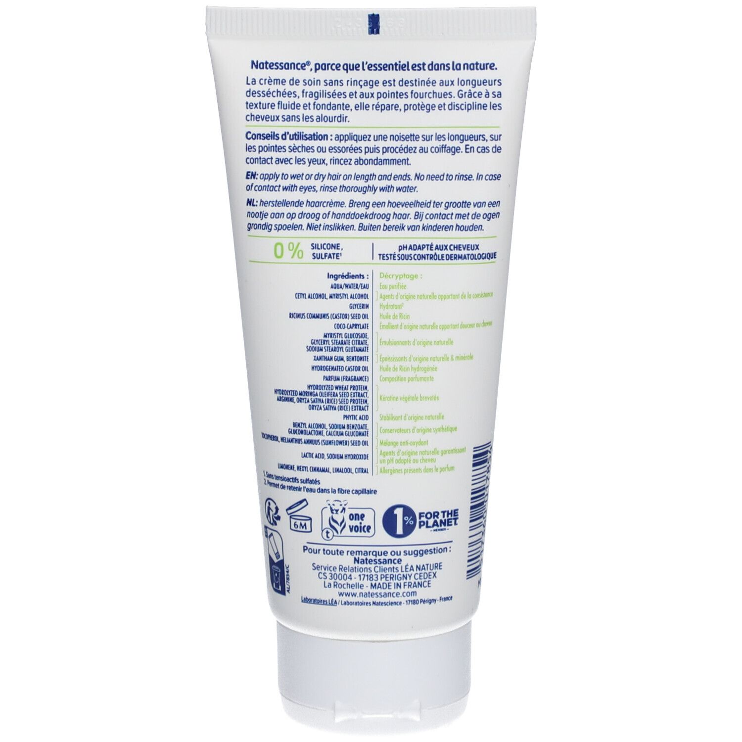 Rückseite der Creme-Tube. Text: Natessance, Inhaltsstoffe, Anwendungshinweise. 0% und Logo "1 for the planet".