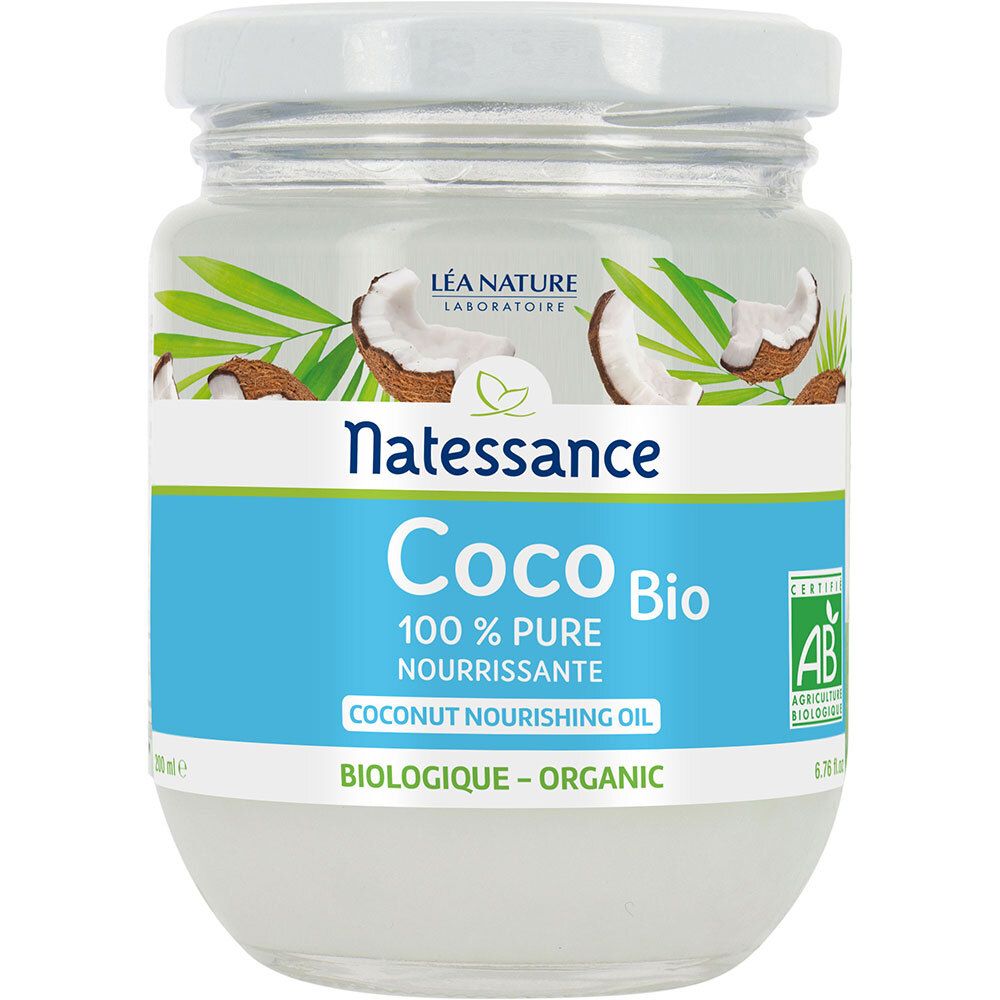 Pot d'huile de coco. Inscription: Natessance Coco Bio, 100 % Pure Nourrissante, Biologique - Organic. Label AB.