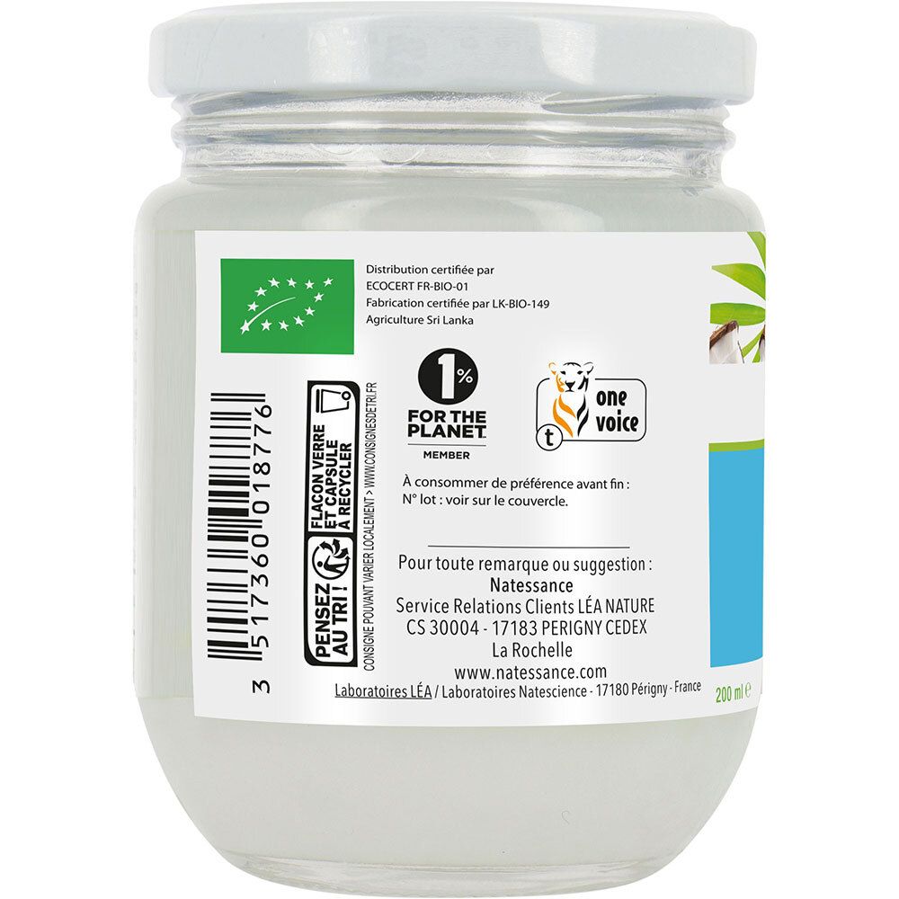 Dos du pot d'huile de coco. Étiquette avec informations, certification ECOCERT, logo One Voice et symbole de recyclage.