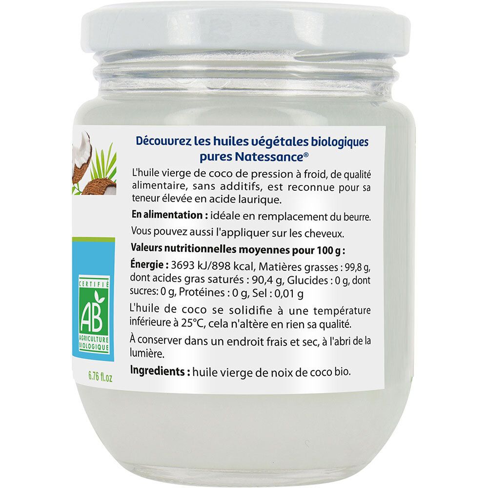 Dos du pot d'huile de coco. Étiquette avec informations nutritionnelles, ingrédients et label AB. Texte en français.