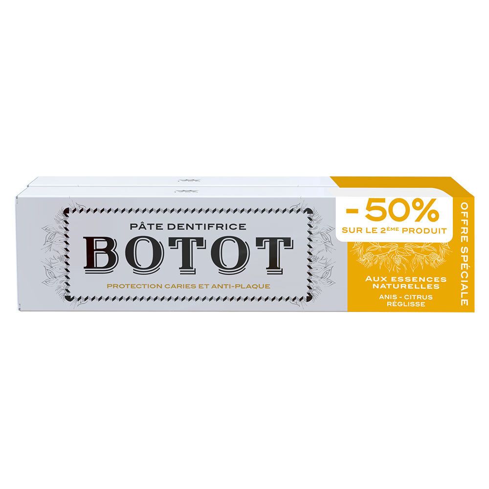 Zahnpasta-Schachtel mit Aufschrift BOTOT. Auf der Schachtel steht "-50% SUR LE 2ÈME PRODUIT" und "AUX ESSENCES NATURELLES".