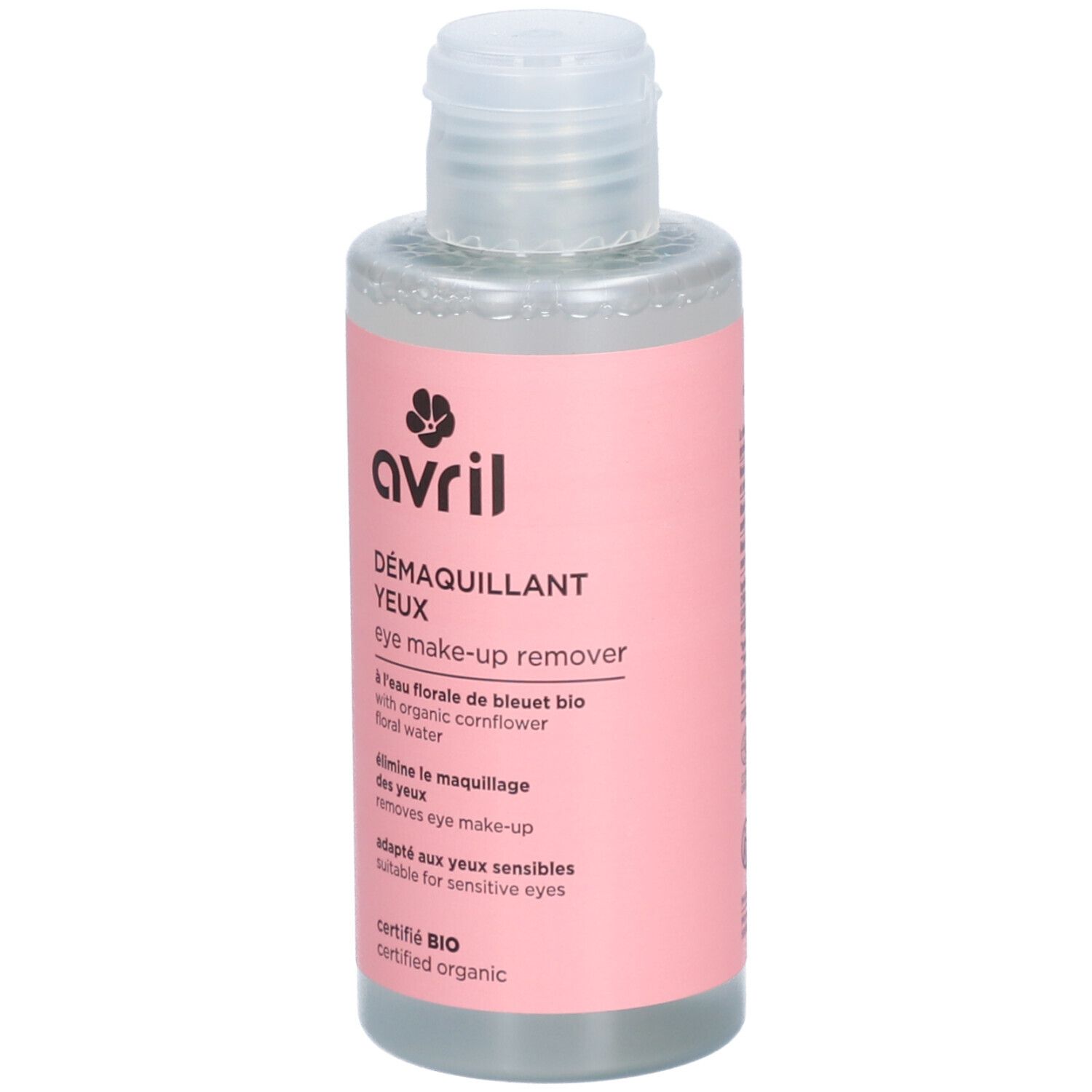 Rosa Flasche mit durchsichtiger Flüssigkeit. Aufschrift: AVRIL, Démaquillant Yeux, eye make-up remover. Bio-Zertifizierung.