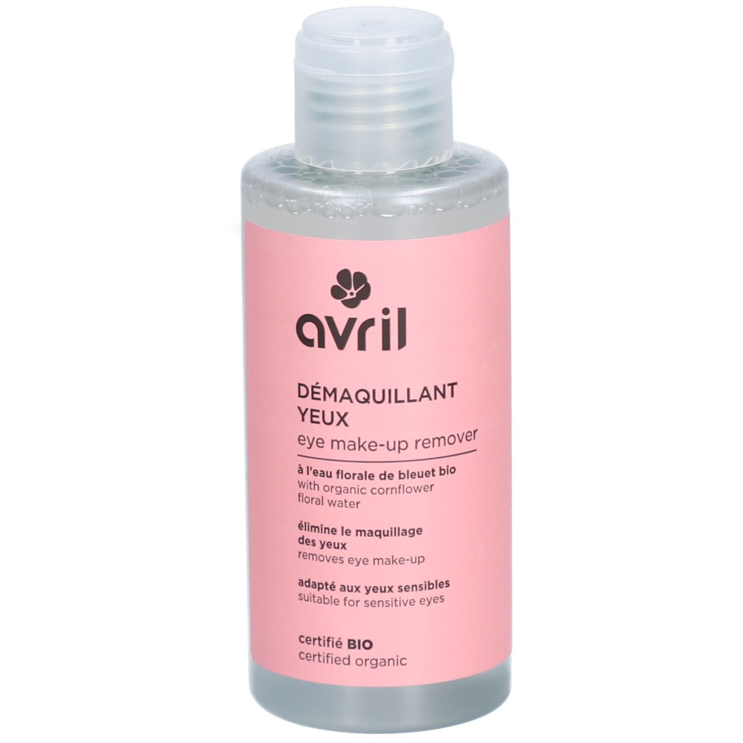 Rosa Flasche mit durchsichtiger Flüssigkeit. Aufschrift: AVRIL, Démaquillant Yeux, eye make-up remover. Bio-Zertifizierung.
