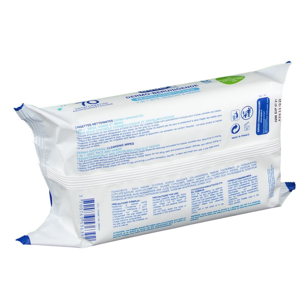 Dos du paquet de lingettes nettoyantes. Informations textuelles multilingues. Marque Dodie.