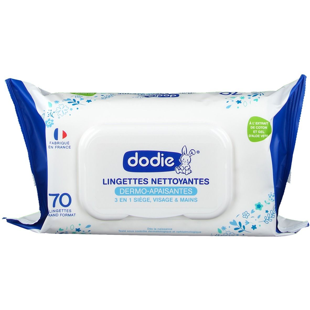 Paquet de lingettes Dodie. Blanc avec bord bleu. 70 lingettes. Drapeau français. Dermo-apaisantes.