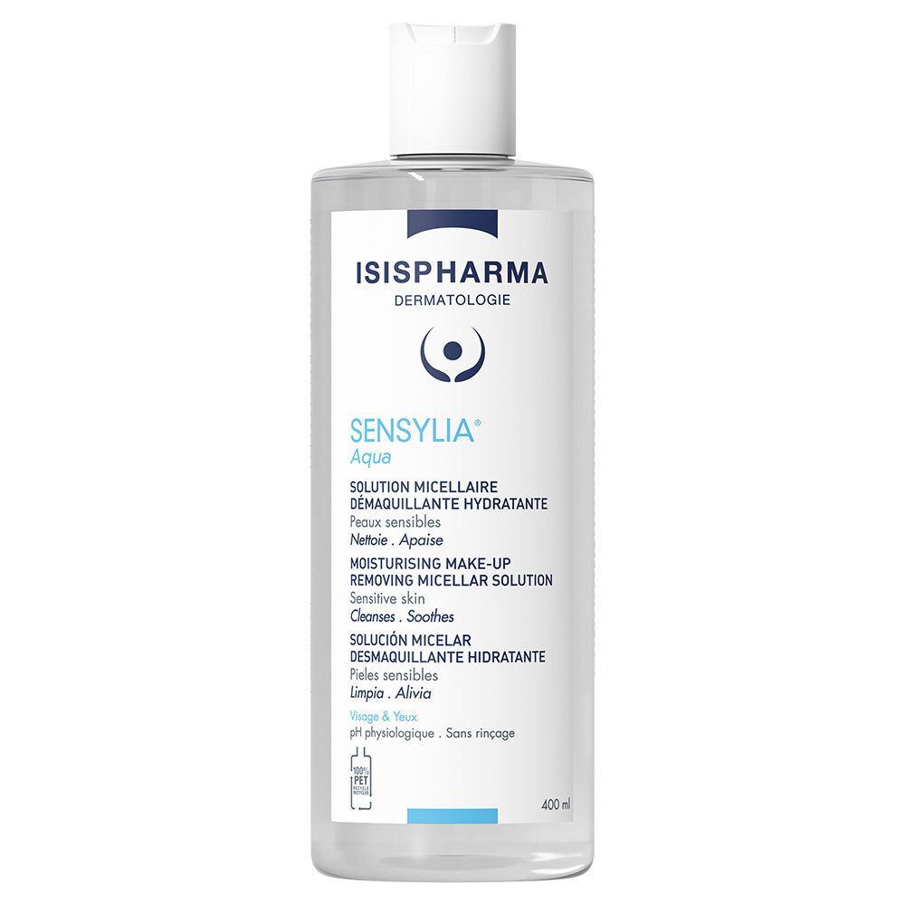 Klare Flasche mit weißem Deckel. Aufschrift: ISIPHARMA, Sensylia Aqua, Mizellen-Reinigungslösung. 400 ml.