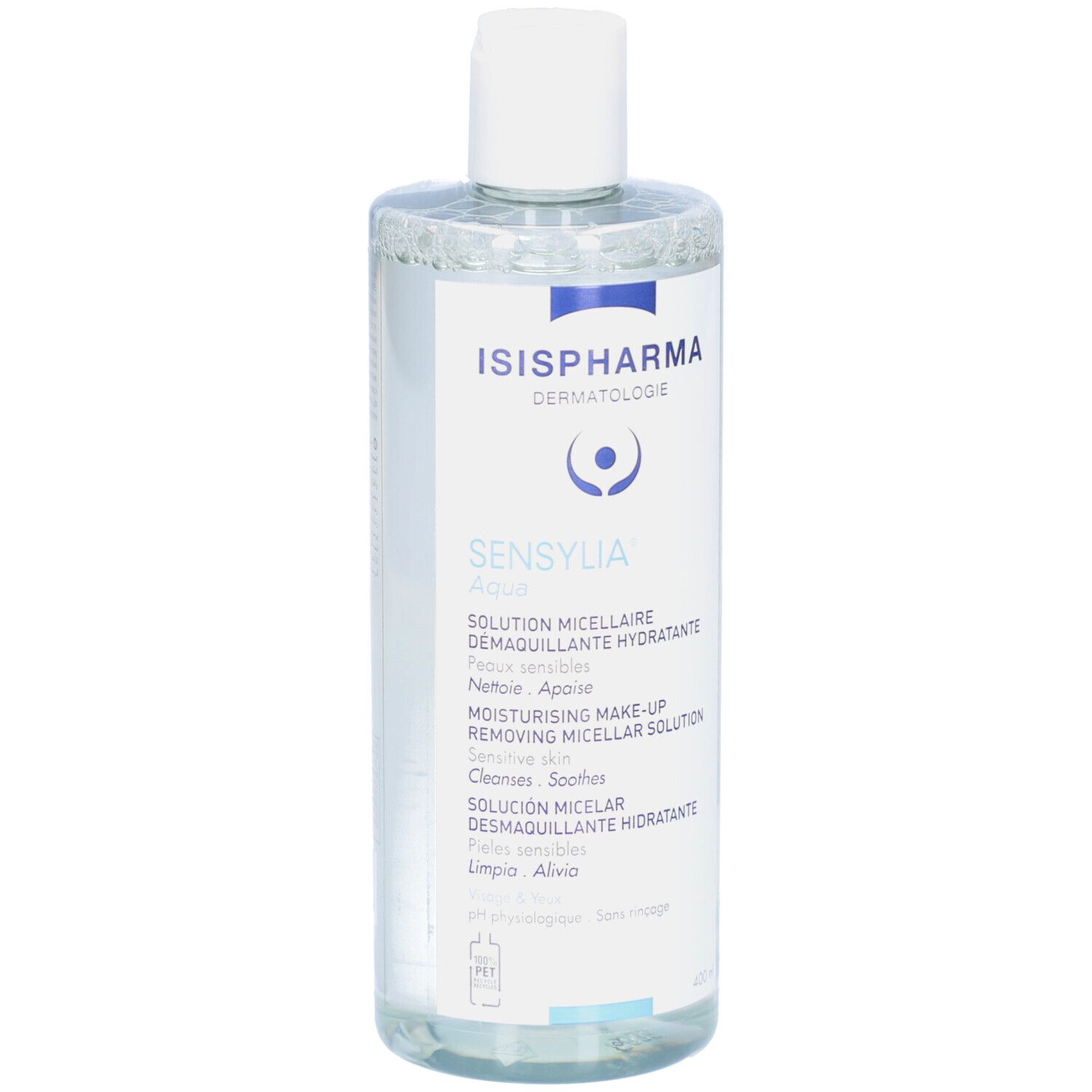 Rückseite der Flasche. Text in mehreren Sprachen. QR-Code und Aufschrift: Made in France.