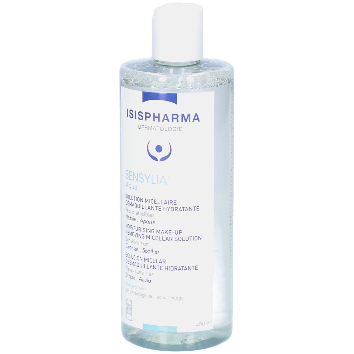 Klare Flasche mit weißem Deckel. Aufschrift: ISIPHARMA, Sensylia Aqua, Mizellen-Reinigungslösung. 400 ml.