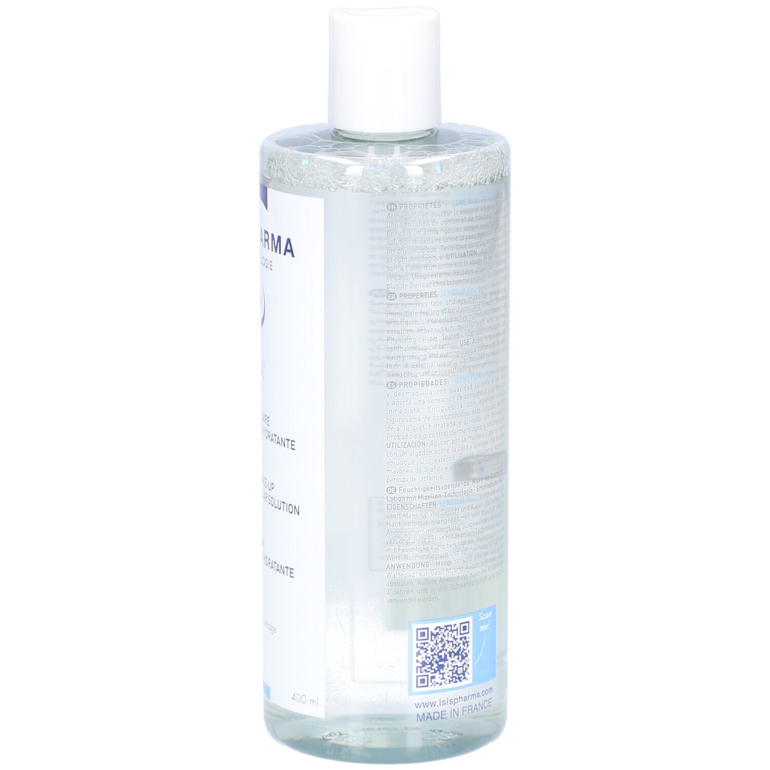 Rückseite der Flasche. Text in mehreren Sprachen. QR-Code und Aufschrift: Made in France.