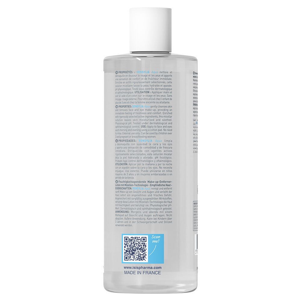 Rückseite der Flasche. Text in mehreren Sprachen. QR-Code und Aufschrift: Made in France.