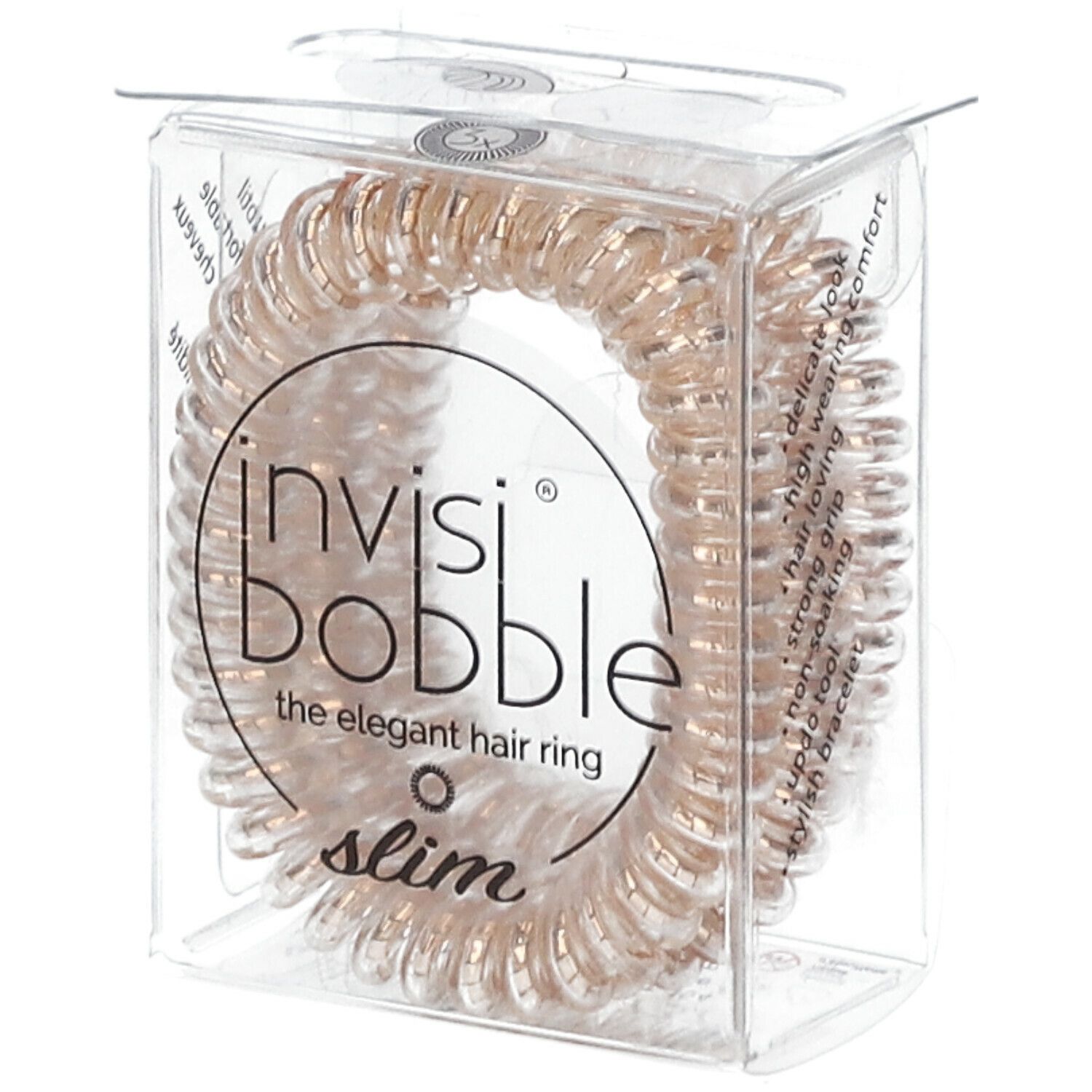 Bronzefarbener Haargummi in Spiralform in einer transparenten Verpackung. Auf der Verpackung steht "invisibobble® Slim".