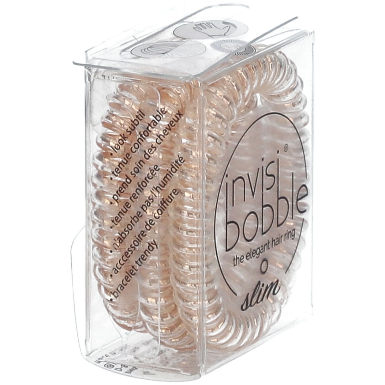 Bronze Haargummis in Spiralform in einer transparenten Verpackung. Auf der Verpackung steht "invisibobble® Slim".