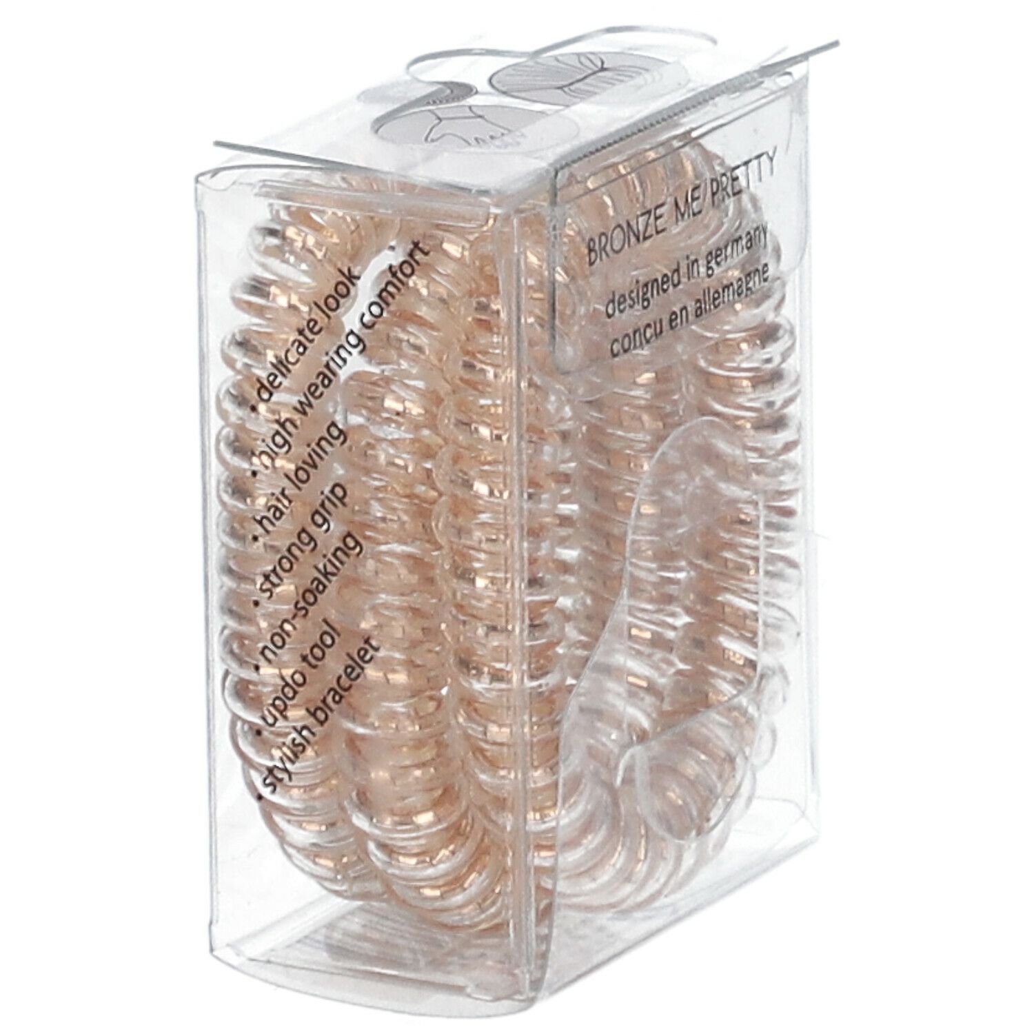 Bronze Haargummis in Spiralform in einer transparenten Verpackung. Auf der Verpackung steht "BRONZE ME PRETTY" und "designed in germany".