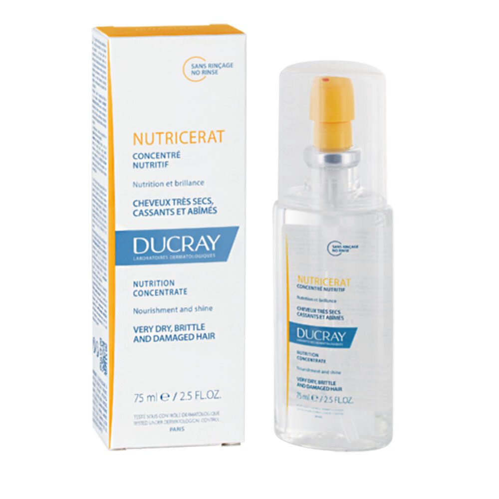 Produktflasche und Verpackung. Aufschrift: Nutricerat, Ducray. Für sehr trockenes, brüchiges Haar. 75 ml.