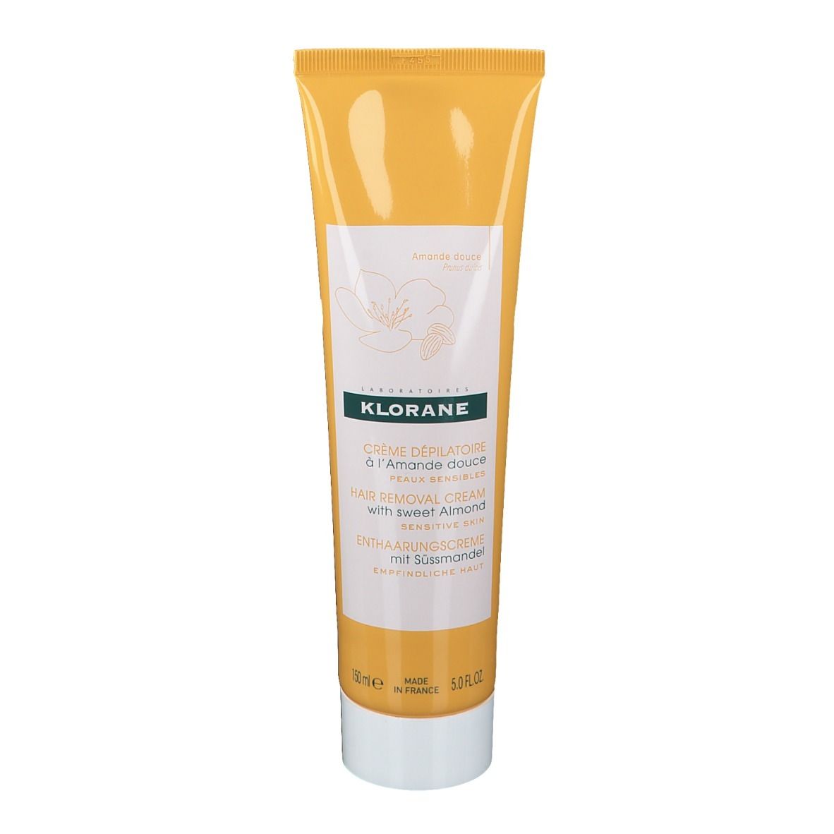 Tube jaune avec bouchon blanc. Inscription: KLORANE, Crème dépilatoire à l'Amande douce. 100ml.