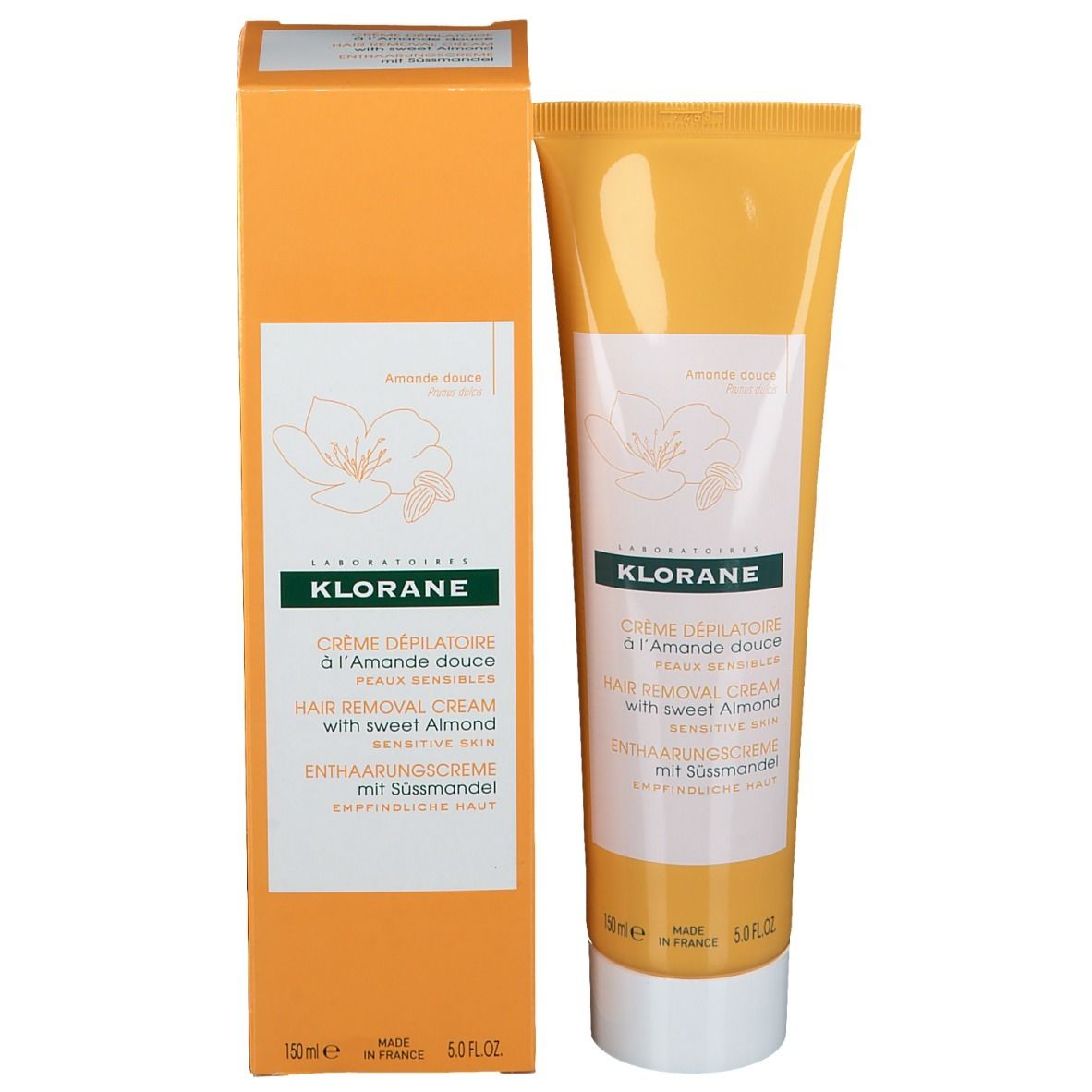 Tube et boîte jaunes. Inscription: KLORANE, Crème dépilatoire à l'Amande douce. 150ml.