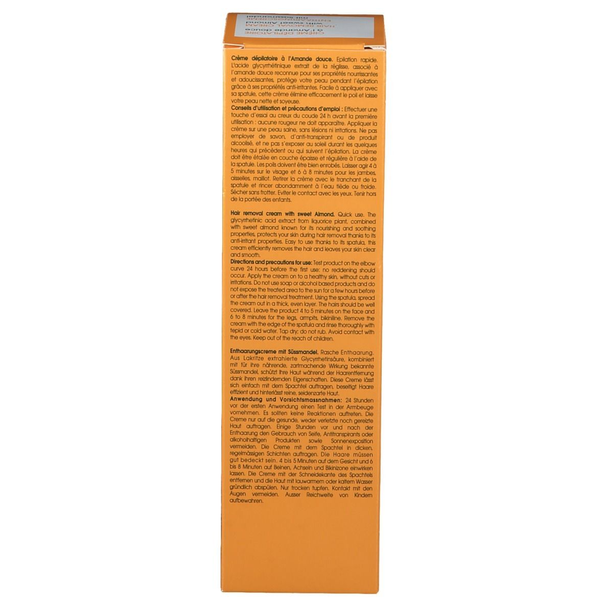 Boîte jaune. Texte multilingue. Informations fabricant et symboles de recyclage.