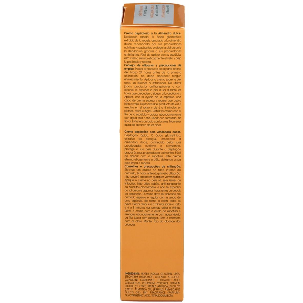 Boîte jaune. Texte multilingue. Informations fabricant et symboles de recyclage.