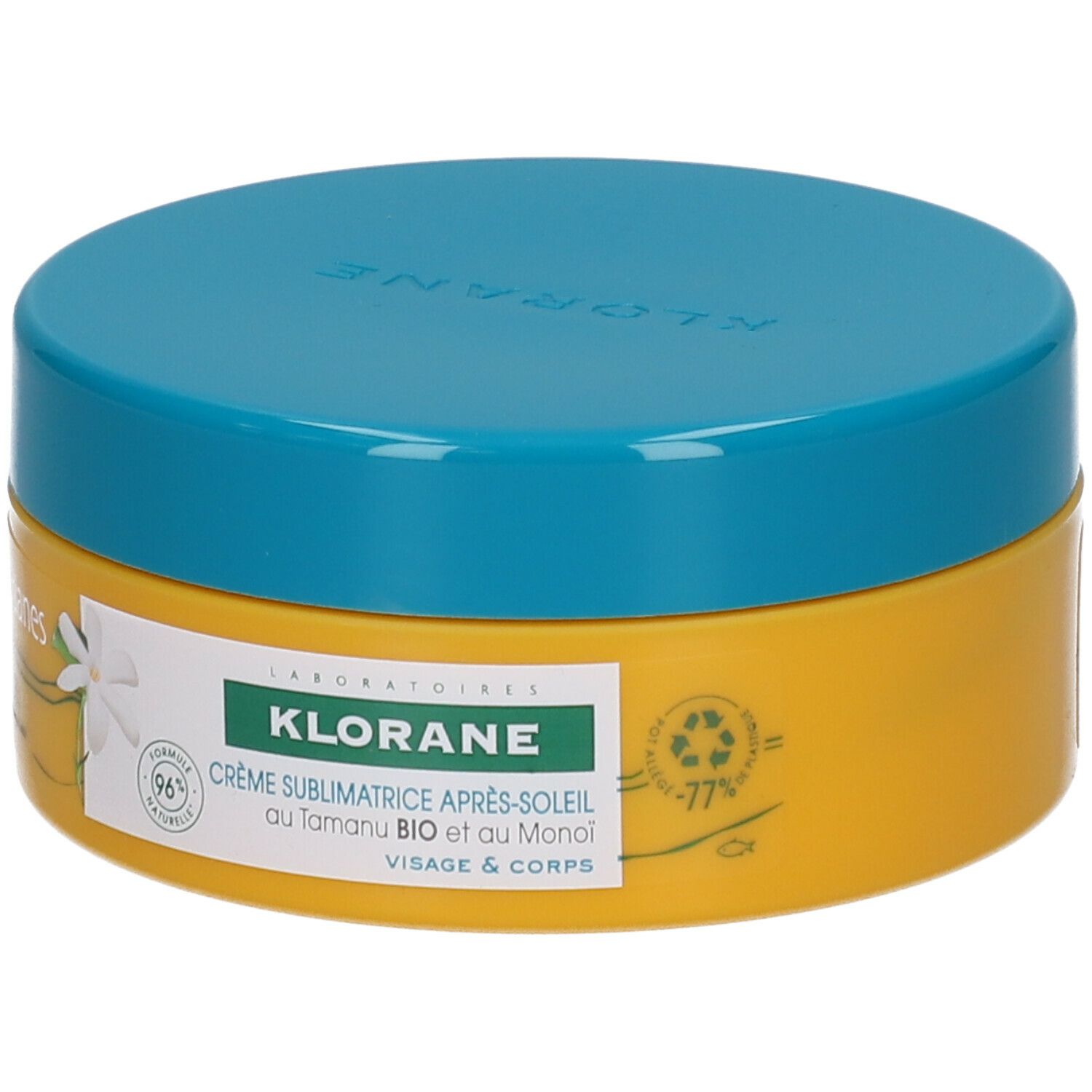 Pot jaune avec couvercle bleu. Inscription: Klorane Crème Après-Soleil. 96% ingrédients naturels.