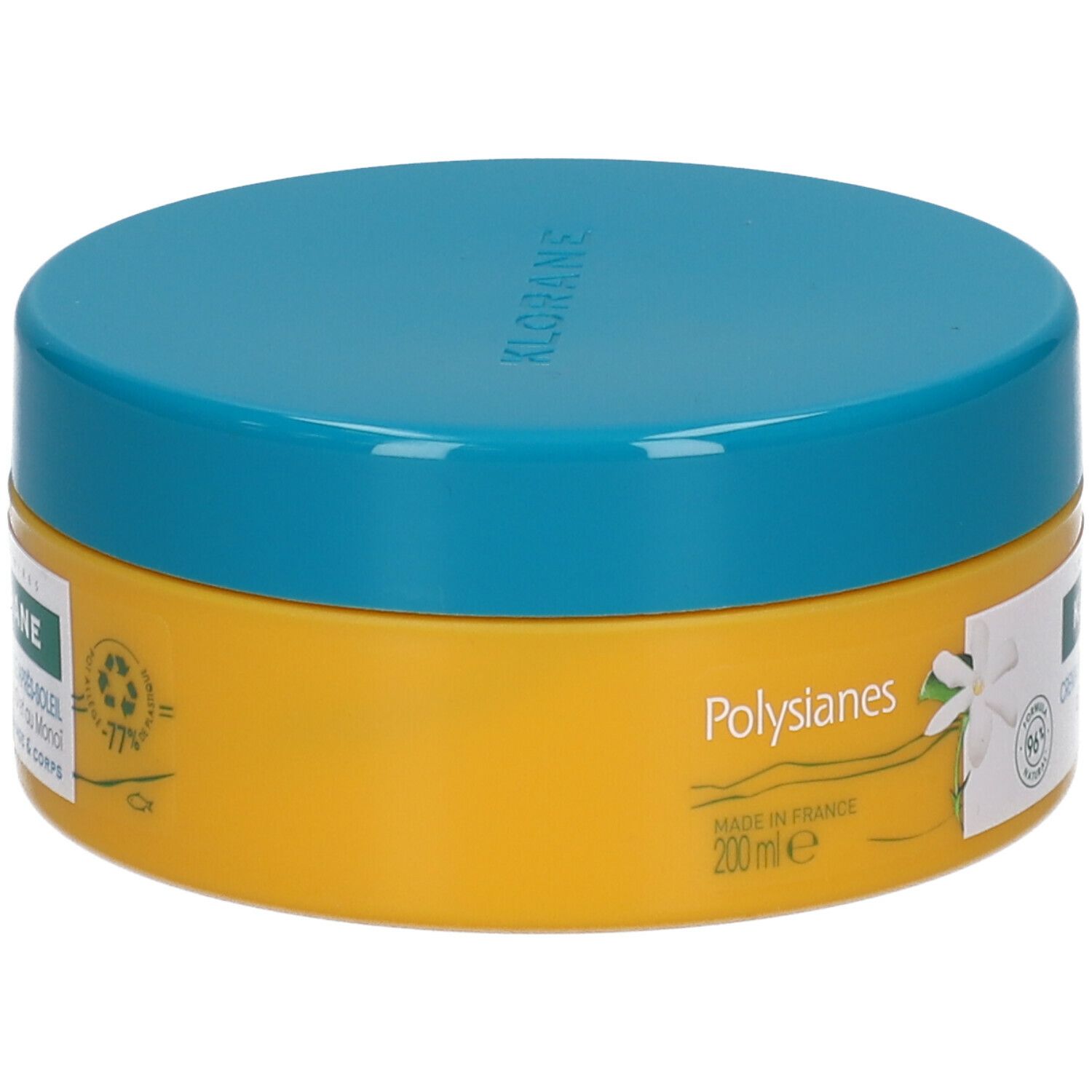Pot jaune avec couvercle bleu. Inscription: Klorane Crème Après-Soleil. 200 ml.