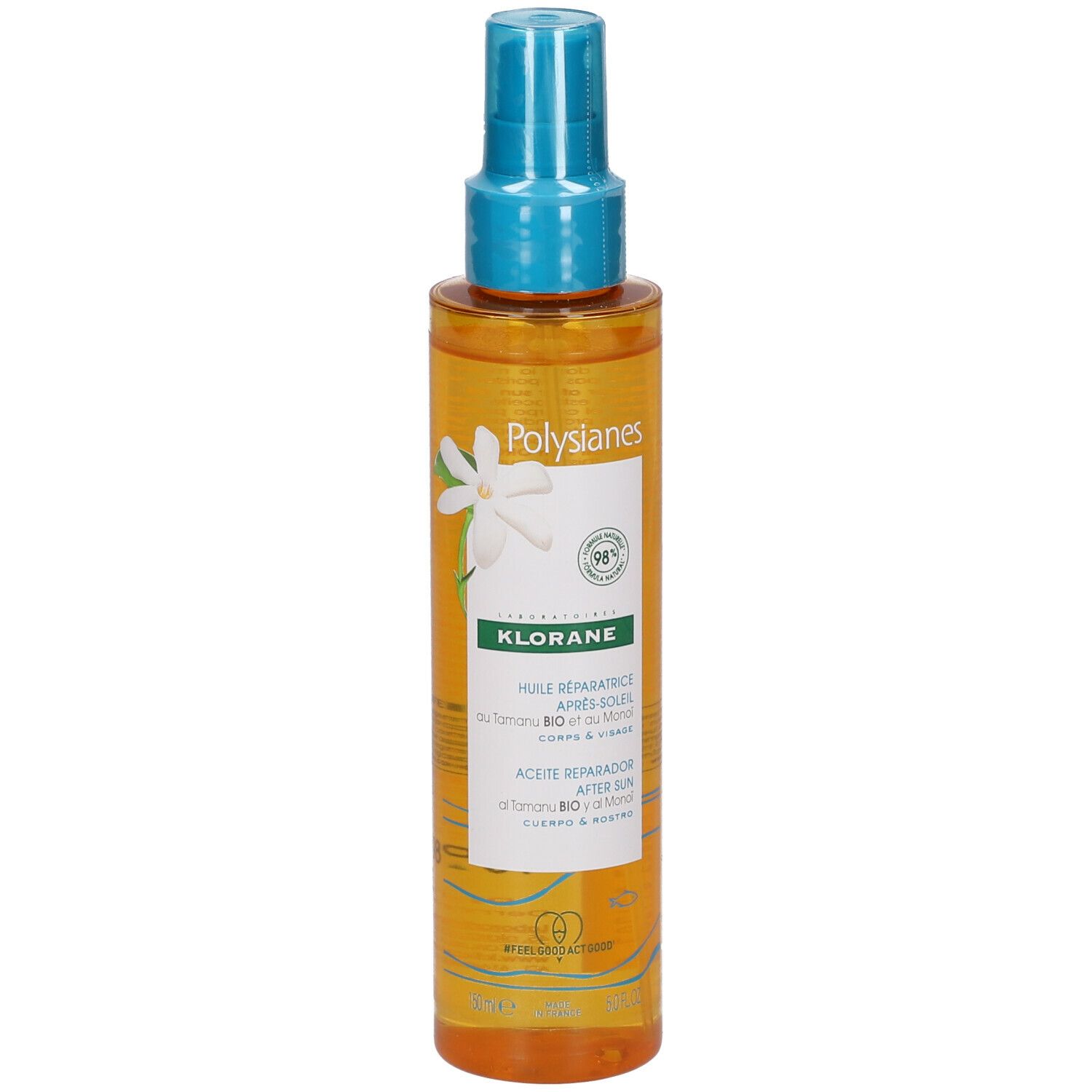 Klorane Polysianes After-Sun Öl. Transparente Flasche mit blauem Sprühkopf. Produktetikett mit Logo und Produktnamen.