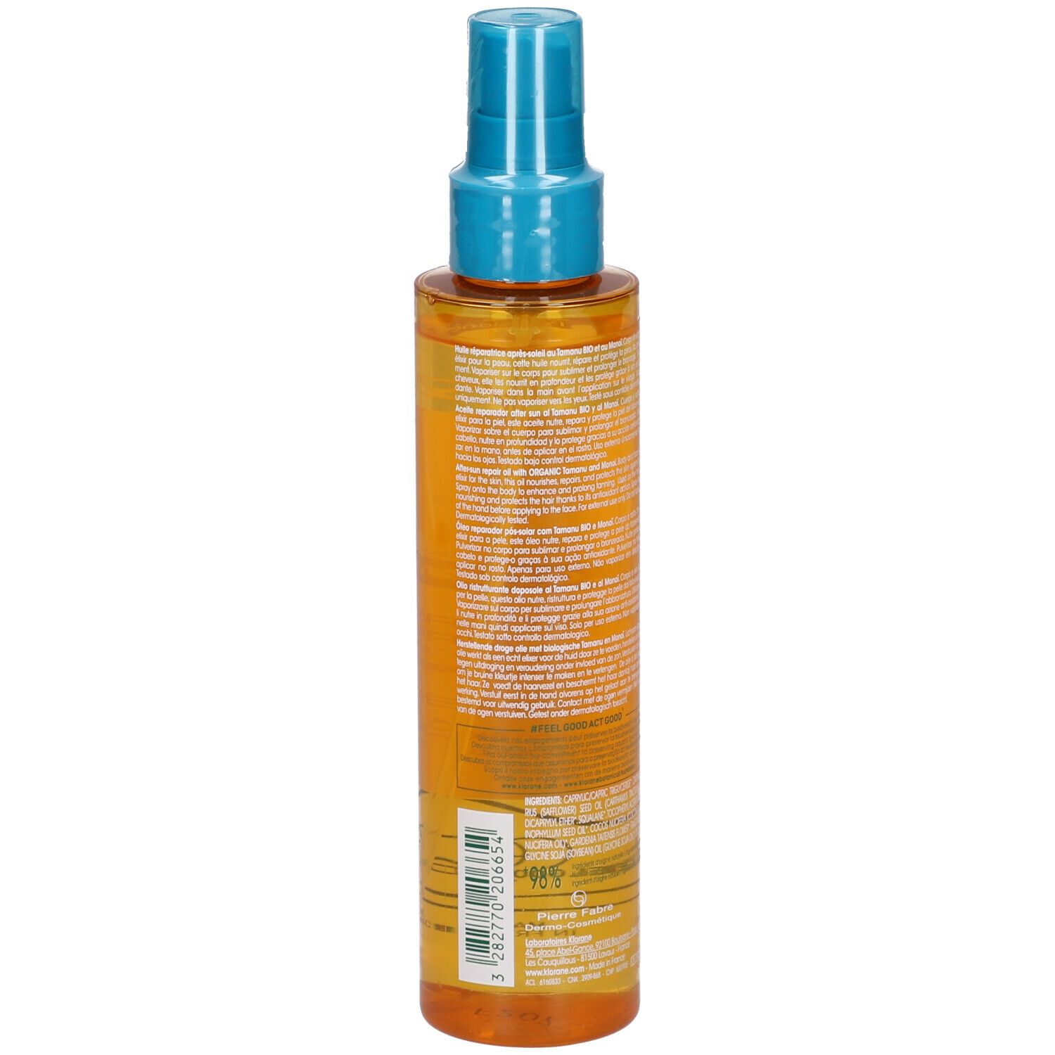 Rückseite der Klorane Polysianes After-Sun Öl Flasche. Gelbe Flüssigkeit sichtbar. Textinformationen auf dem Etikett. Blaues Spray-Top.